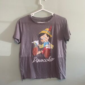 Disney‎ Womens Pinocchio Casual Cartoon Graphic Crew Neck T-Shirt Grey Large